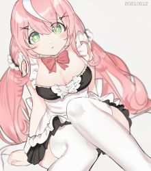 Rule 34 | 1girl, alternate costume, apron, black dress, blush, bow, bowtie, breasts, cleavage, dated, detached collar, dress, enmaided, frilled apron, frills, green eyes, hair between eyes, hair ornament, highres, long hair, looking at viewer, maid, maid apron, maid headdress, medium breasts, nijisanji, nijisanji kr, parted lips, pink hair, red bow, sitting, sleeveless, so nagi (artist), solo, thighhighs, very long hair, virtual youtuber, white apron, white background, white hair, white thighhighs, wide hips, wrist cuffs, x hair ornament, yang nari