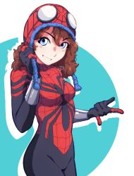 Rule 34 | 1girl, \m/, animal print, animification, beanie, blue eyes, bodysuit, breasts, brown hair, commentary, grin, hat, highres, looking at viewer, marvel, mayday parker, medium breasts, print bodysuit, red bodysuit, smile, solo, spider-girl, spider-man: across the spider-verse, spider-man (series), spider-verse, spider print, spider web print, superhero costume, thejg, two-tone bodysuit, white background