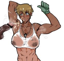 Rule 34 | 1girl, armpit sex, armpits, artist request, biceps, blonde hair, blue eyes, censored, character request, cum, cum on armpit, cum on body, cum on upper body, dark skin, dog tags, gloves, muscular, penis, pointless censoring, scar, short hair, smell, source request, sweat, testicles, united states