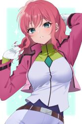 Rule 34 | 1girl, aqua background, arm up, belt, belt buckle, blue eyes, blush, border, breasts, brown belt, buckle, campbell xx, celestial being uniform, commentary request, cropped jacket, feldt grace, gloves, gundam, gundam 00, hand up, high collar, highres, ibispaint (medium), jacket, large breasts, long hair, long sleeves, looking at viewer, open clothes, open jacket, outside border, pants, parted lips, pink hair, pink jacket, solo, sparkle, teeth, white border, white gloves, white pants