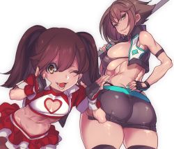 Rule 34 | 10s, 2girls, ;d, ass, back, bad id, bad twitter id, bent over, black gloves, black legwear, blue nails, breasts, brown eyes, brown hair, cleavage cutout, clothing cutout, fingerless gloves, gloves, hand on own hip, heart, heart cutout, highres, hohehohe, kantai collection, large breasts, looking at viewer, looking back, midriff, miniskirt, multiple girls, mutsu (kancolle), nail polish, navel, one eye closed, open mouth, parted lips, race queen, ryuujou (kancolle), sideboob, simple background, skirt, smile, teeth, thighhighs, twintails, white background
