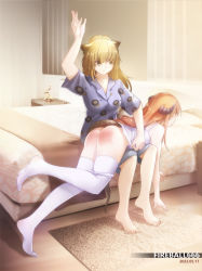 Rule 34 | 2girls, absurdres, animal ears, arknights, arm up, artist name, ass, bagpipe (arknights), bare arms, bare shoulders, barefoot, bed, blonde hair, breasts, brown eyes, camisole, carpet, closed mouth, curtains, dated, dragon girl, dragon horns, dragon tail, fireball 666, highres, horns, indoors, large breasts, lion ears, lion print, long hair, lying, multiple girls, on bed, on stomach, orange hair, pajamas, panties, panty pull, print pajamas, short sleeves, siege (arknights), sitting, slap mark, spanked, spanking, tail, thighhighs, underwear, very long hair, white legwear, white panties, yuri