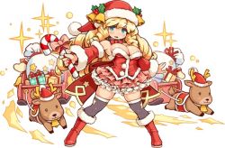 Rule 34 | 1girl, bell, big hair, blonde hair, breasts, candy, candy cane, character request, choker, detached sleeves, drill hair, food, frilled skirt, frills, fullbokko heroes, gift, hat, holding, jingle bell, large breasts, layered skirt, legs apart, long hair, official art, open mouth, reindeer, santa costume, santa hat, shigatake, simple background, skirt, sleigh, solo, thighhighs, white background, wide stance