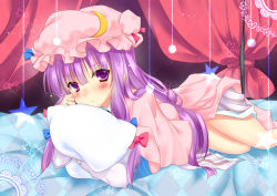 Rule 34 | 1girl, bad id, bad pixiv id, crescent, curtains, dress, female focus, hat, inose riku, patchouli knowledge, pillow, purple eyes, purple hair, signature, solo, star (symbol), touhou