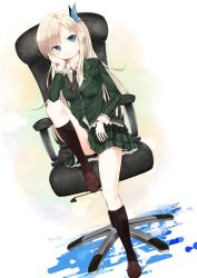 Rule 34 | 10s, 1girl, ahirun, ascot, black socks, blue eyes, blush, boku wa tomodachi ga sukunai, breasts, butterfly hair ornament, chair, female focus, full body, gradient background, green skirt, hair ornament, head rest, highres, kashiwazaki sena, kneehighs, lace, lace-trimmed skirt, lace trim, loafers, long hair, miniskirt, plaid, plaid skirt, pleated skirt, school uniform, shoes, sitting, skirt, small breasts, socks, solo, uniform, white background