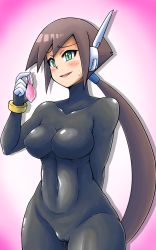 Rule 34 | 1girl, aile (mega man zx), blush, bodystocking, bodysuit, breasts, brown hair, cameltoe, condom, gloves, green eyes, groin, highres, holding, holding condom, mega man (series), mega man zx, mega man zx advent, nobuyu (77yusei), open mouth, robot ears, short hair, simple background, skin tight, smile, solo, spandex, unitard, used condom
