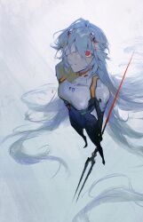 Rule 34 | 1girl, ayanami rei, bandage over one eye, bandaged head, bandages, blood, blood on face, blue hair, from above, full body, highres, holding, holding weapon, kgynh, lance of longinus (evangelion), light blue hair, long hair, looking up, neon genesis evangelion, plugsuit, red eyes, simple background, solo, standing, straight hair, very long hair, weapon, white background
