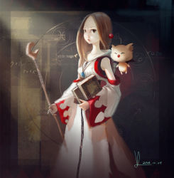 Rule 34 | 1girl, 2014, absurdres, bare shoulders, book, brown hair, cowboy shot, dated, detached sleeves, final fantasy, final fantasy tactics, highres, holding, holding book, hood, hood down, jewelry, long hair, moogle, pale skin, pendant, robe, staff, vafar7, white mage, white mage (fft), white mage (final fantasy)