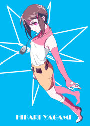 Rule 34 | 1girl, bad id, bad pixiv id, blue background, breasts, brown hair, character name, closed mouth, commentary request, digimon, digimon adventure 02, from side, full body, gloves, highres, jewelry, looking at viewer, necklace, shirt, short hair, shorts, simple background, smile, solo, yagami hikari