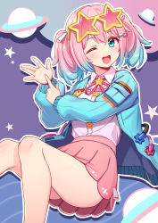 Rule 34 | 1girl, ;d, aqua eyes, bare legs, blue hair, blue jacket, blush, bow, deadnooodles, eyewear on head, gradient hair, hair ornament, highres, indie virtual youtuber, jacket, looking at viewer, medium hair, multicolored background, multicolored hair, one eye closed, open mouth, pink bow, pink hair, pink skirt, planet hair ornament, pocket, shirt, skirt, smile, solo, star-shaped eyewear, star (symbol), star in eye, star ornament, star uanko, sunglasses, symbol in eye, twintails, two-tone hair, virtual youtuber, white shirt