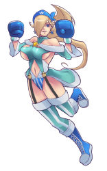 Rule 34 | 1girl, bandana, blonde hair, blue eyes, boots, boxing gloves, breasts, cosplay, cross-laced footwear, full body, fusion, garter straps, greenmarine, hair over one eye, hexafusion, justice gakuen, lace-up boots, large breasts, leotard, long hair, mario (series), navel, nintendo, rosalina, shiritsu justice gakuen, shoes, simple background, sneakers, solo, striped clothes, striped thighhighs, super mario galaxy, thighhighs, tiffany lords, tiffany lords (cosplay), vertical-striped clothes, vertical-striped thighhighs, white background