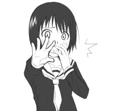 1girl 30re ^^^ black_hair blush bob_cut commentary covering_own_mouth embarrassed foreshortening greyscale hand_over_own_mouth long_sleeves looking_at_viewer monochrome nakahara_misaki neckerchief nhk_ni_youkoso! open_mouth raised_eyebrows reaching reaching_towards_viewer sailor_collar school_uniform serafuku short_hair simple_background solo surprised sweater_vest upper_body white_background wide-eyed