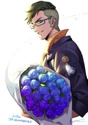 Rule 34 | 1boy, absurdres, blue-framed eyewear, blue eyes, blue flower, blue jacket, blue rose, bouquet, cropped torso, daidou shinove, flower, from side, glasses, green hair, highres, holding, holding bouquet, holostars, jacket, looking at viewer, looking to the side, male focus, nemoto yuuma, one eye closed, orange shirt, parted lips, print shirt, purple flower, purple rose, rose, shirt, short hair, sideburns, signature, simple background, smile, smiley face, solo, sparkle, tassel, upper body, virtual youtuber, white background