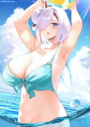 Rule 34 | 1girl, 504 gateway, absurdres, armpits, arms up, ball, beachball, bikini, blue bikini, blue eyes, blush, bob cut, breasts, chromatic aberration, cleavage, cloud, day, destiny child, front-tie bikini top, front-tie top, hair over one eye, highres, kanaloa (destiny child), large breasts, looking at viewer, navel, ocean, open mouth, outdoors, purple hair, short hair, sky, solo, swimsuit, water
