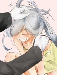 Rule 34 | 10s, 1girl, ahoge, akino shuu, asashimo (kancolle), bare shoulders, blush, camisole, collarbone, closed eyes, gloves, grin, hair over one eye, hand on another&#039;s head, hand on another&#039;s shoulder, kantai collection, long hair, long sleeves, headpat, pink background, ponytail, silver hair, simple background, sitting, sleeveless, smile, solo focus, teeth, v arms, white gloves