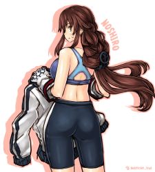 Rule 34 | 1girl, absurdres, ass, bad id, bad twitter id, bare shoulders, bike shorts, braid, breasts, brown hair, character name, from behind, gloves, highres, holding, holding clothes, holding jacket, jacket, kantai collection, large breasts, looking at viewer, looking back, noshiro (kancolle), notchi, simple background, solo, twin braids, white background
