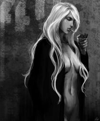 Rule 34 | 1girl, absurdres, ami thompson, bad id, bad pixiv id, breasts, cigarette, female focus, gradient background, greyscale, highres, lighter, lips, monochrome, open clothes, open shirt, shirt, smoking, solo, white hair