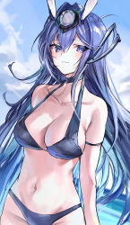Rule 34 | 1girl, absurdres, arm strap, azur lane, bare arms, bare shoulders, bikini, blue bikini, blue eyes, blue hair, blue sky, blush, breasts, cleavage, closed mouth, collarbone, commentary, cowboy shot, day, dutch angle, hair between eyes, halterneck, highres, irohatomo, large breasts, long hair, looking at viewer, navel, new jersey (azur lane), outdoors, sky, solo, standing, stomach, string bikini, swimsuit, upper body, very long hair, water