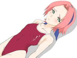 Rule 34 | 1girl, blush, cameltoe, collarbone, covered erect nipples, covered navel, cum, cum on clothes, flat chest, green eyes, groin, haruno sakura, headband, headdress, kyosu, looking at viewer, naruto, naruto (series), one-piece swimsuit, pink hair, red one-piece swimsuit, shadow, short hair, simple background, solo, swimsuit, white background