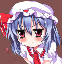 Rule 34 | 1girl, ascot, blouse, blue hair, blush, brown background, crying, crying with eyes open, face, hat, hat ribbon, looking at viewer, mob cap, red eyes, remilia scarlet, ribbon, setu (shining12), shirt, short hair, short sleeves, simple background, solo, tears, touhou, wavy mouth