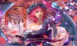 Rule 34 | 1girl, arm garter, bare shoulders, blue hat, blue kimono, bug, butterfly, cherry blossoms, commentary request, floral print, hair between eyes, hand fan, hat, holding, holding fan, insect, japanese clothes, kimono, long sleeves, mob cap, obi, off shoulder, open mouth, petals, pink eyes, pink hair, rope, saigyouji yuyuko, saigyouji yuyuko&#039;s fan design, sash, shimenawa, short hair, sleeves past wrists, solo, torii, touhou, triangular headpiece, upper body, wide sleeves, ze xia