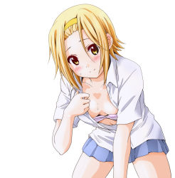 Rule 34 | 00s, 1girl, all fours, bra, breasts, brown eyes, brown hair, cleavage, downblouse, dresstrip, hairband, k-on!, open clothes, open shirt, sakuragaoka high school uniform, school uniform, shirt, short hair, simple background, small breasts, solo, tainaka ritsu, underwear