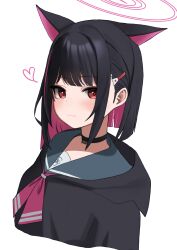 Rule 34 | 1girl, absurdres, animal ears, black hair, black hoodie, blue archive, blush, bob cut, cat ears, closed mouth, colored inner hair, extra ears, green sailor collar, hair ornament, hairclip, halo, heart, highres, hood, hoodie, kazusa (blue archive), long sleeves, momocadraw, multicolored hair, pink hair, pink halo, red eyes, sailor collar, short hair, simple background, solo, white background