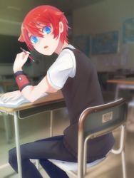 Rule 34 | 10s, 1boy, blue eyes, book, chair, classroom, collared shirt, gridman universe, hibiki yuuta, holding, holding pencil, looking at viewer, looking back, male focus, necktie, open book, pants, pencil, red hair, red necktie, school uniform, shirt, short hair, short sleeves, sitting, solo, ssss.gridman, ssss45663589, table, waistcoat, white shirt, wing collar