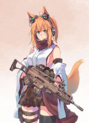 Rule 34 | 1girl, ahoge, ammunition pouch, animal ears, bare shoulders, belt pouch, black scarf, black skirt, black thighhighs, breasts, closed mouth, commentary request, cowboy shot, detached sleeves, fox ears, fox girl, fox tail, gloves, green eyes, gun, hair ribbon, headgear, headset, hip vent, holding, holding gun, holding weapon, japanese clothes, large breasts, leather, leather gloves, long sleeves, looking at viewer, medium hair, obi, one side up, orange hair, original, pouch, ribbon, rifle, sash, sawaya (mizukazu), scarf, simple background, single thighhigh, skirt, tail, thigh pouch, thigh strap, thighhighs, weapon, weapon request, wide sleeves
