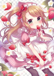 Rule 34 | 1girl, amane kurumi, apron, black pantyhose, blush, bow, braid, checkered background, commentary request, flower, food, frilled apron, frilled skirt, frills, fruit, green eyes, hair bow, head scarf, holding, holding food, holding fruit, licking, light brown hair, long hair, maid, maid headdress, one side up, original, pantyhose, pink shirt, pink skirt, puffy short sleeves, puffy sleeves, red bow, shirt, short sleeves, sidelocks, skirt, skirt basket, solo, strawberry, strawberry blossoms, tongue, tongue out, very long hair, white apron, white flower