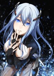 Rule 34 | 1girl, beatless, blue eyes, blue hair, blurry, blurry background, blurry foreground, bodysuit, breasts, bridal gauntlets, cleavage cutout, clothing cutout, cross akiha, hair between eyes, headgear, lace, lace-trimmed legwear, lace trim, long hair, looking at viewer, medium breasts, parted lips, sia, solo