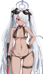 Rule 34 | 1girl, 3:, armpits, bikini, black bikini, black choker, black gloves, blue archive, bolt action, bow, breaaad, breasts, choker, cleavage, collarbone, commentary request, dark-skinned female, dark skin, demon girl, demon tail, gloves, gluteal fold, grey hair, groin, gun, hair bow, hair over one eye, hair ribbon, halo, hand on own hip, highres, holding, holding gun, holding weapon, iori (blue archive), iori (swimsuit) (blue archive), long hair, looking at viewer, mauser 98, medium breasts, multi-strapped bikini bottom, navel, official alternate costume, pendant choker, red eyes, ribbon, rifle, side-tie bikini bottom, sidelocks, simple background, sleeveless, solo, spaghetti strap, stomach, swimsuit, tail, thigh strap, twintails, weapon, white background