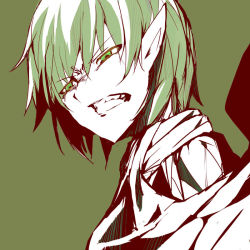 Rule 34 | 1girl, angry, bad id, bad pixiv id, clenched teeth, face, female focus, green background, green theme, hair between eyes, mizuhashi parsee, monochrome, muted color, pointy ears, scowl, short hair, simple background, snarl, solo, teeth, touhou, touya kotonari