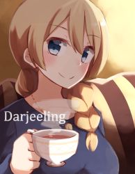 Rule 34 | 10s, 1girl, alternate hairstyle, bad id, bad pixiv id, blonde hair, blue eyes, blue shirt, braid, casual, character name, closed mouth, commentary request, cup, darjeeling (girls und panzer), girls und panzer, hair down, hair over shoulder, highres, holding, jewelry, kapatarou, long hair, long sleeves, looking at viewer, necklace, portrait, shirt, single braid, sitting, smile, solo, steam, teacup