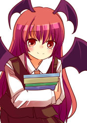 Rule 34 | 1girl, bat wings, book, fumikiri (dake no hito), head wings, highres, holding, holding book, koakuma, leaning forward, long hair, looking at viewer, low wings, red eyes, red hair, simple background, smile, solo, stack, touhou, vest, white background, wings
