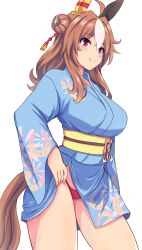 Rule 34 | 1girl, absurdres, ahoge, aki (mmtghdak), alternate costume, animal ears, breasts, brown hair, closed mouth, copano rickey (umamusume), double bun, hair between eyes, hair bun, hair ornament, highres, horse ears, horse girl, horse tail, japanese clothes, kimono, large breasts, lifting own clothes, looking at viewer, panties, purple eyes, red eyes, simple background, smile, solo, tail, tracen ondo outfit (umamusume), umamusume, underwear, white background, yukata