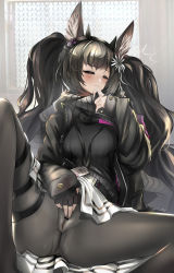 Rule 34 | 1girl, absurdres, animal ear fluff, animal ears, arknights, bar censor, belt, black gloves, black hairband, black jacket, black pantyhose, black scarf, black sweater, blush, censored, clitoral stimulation, closed eyes, closed mouth, clothes lift, covered anus, extra ears, feet out of frame, female masturbation, fingerless gloves, flower, gloves, hair flower, hair ornament, hairband, highres, id card, indoors, jacket, lifted by self, long hair, long sleeves, masturbation, masturbation through clothes, miniskirt, monch (arknights), mosaic censoring, motion lines, no panties, nopetroto, open clothes, open jacket, pantyhose, pussy, pussy juice, reclining, resolution mismatch, scarf, skirt, skirt lift, sleeves past wrists, solo, source smaller, spread legs, steaming body, sweater, tearing up, tears, thigh strap, trembling, twintails, unzipped, very long hair, wet, wet clothes, white flower, white skirt