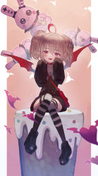 Rule 34 | 1girl, absurdres, ahoge, black coat, black dress, black footwear, blush, boots, coat, demon wings, dress, fang, full body, highres, long sleeves, looking at viewer, makaino ririmu, makaino ririmu (2nd costume), nijisanji, open mouth, pointy ears, red eyes, sitting, sleeves past fingers, sleeves past wrists, smile, solo, sooon, striped clothes, striped thighhighs, stuffed animal, stuffed rabbit, stuffed toy, thighhighs, twintails, virtual youtuber, wings