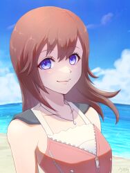 Rule 34 | 1girl, beach, blue eyes, blue sky, blush, closed mouth, cloud, commentary request, floating hair, hair between eyes, highres, jewelry, kairi (kingdom hearts), kingdom hearts, kingdom hearts ii, lips, long hair, looking at viewer, necklace, ocean, outdoors, pink lips, red hair, sand, signature, sky, sleeveless, smile, solo, usata, water, zipper