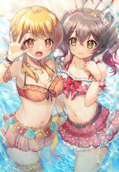Rule 34 | 2girls, :d, ahoge, aimoto rinku, arm strap, bare shoulders, beach, belt, bikini, bikini skirt, black belt, blonde hair, blush, bracelet, braid, breasts, brown hair, cleavage, closed mouth, collarbone, commentary request, cowboy shot, crossed bangs, crown braid, d4dj, drill hair, flower, french braid, frilled bikini, frills, glint, gradient hair, groin, hair between eyes, hair flower, hair ornament, hair scrunchie, hand up, holding hands, jewelry, long hair, looking at another, looking at viewer, low twintails, medium breasts, midriff, miniskirt, multicolored hair, multiple girls, navel, necklace, ocean, ohnaruto muni, open mouth, orange bikini, orange skirt, pink bikini, pink hair, pink skirt, pleated skirt, polka dot, polka dot bikini, rabbit hair ornament, red eyes, scrunchie, shell, shell necklace, shindoi akio, sidelocks, skirt, small breasts, smile, standing, swimsuit, thigh strap, twin drills, twintails, yellow eyes