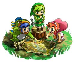 Rule 34 | 3boys, animal costume, belt, blue hair, brown footwear, grass, green hair, green headwear, green tunic, headband, heart, holding, holding stick, link, map, multiple boys, multiple persona, nintendo, official art, open mouth, pointy ears, red hair, short hair, stick, sword, teeth, the legend of zelda, the legend of zelda: tri force heroes, toon link, transparent background, tree stump, upper teeth only, weapon
