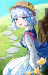 Rule 34 | 1girl, absurdres, ayaka (genshin impact), blue dress, blunt bangs, blush, braid, breasts, chaeming 32, collar, commentary, dress, flower, genshin impact, hair flower, hair ornament, hair up, hat, hat flower, hat ribbon, high collar, highres, kamisato ayaka, kamisato ayaka (springbloom missive), long sleeves, looking at viewer, medium breasts, mole, mole under eye, official alternate costume, official alternate hairstyle, open mouth, puffy long sleeves, puffy sleeves, ribbon, sitting, smile, solo, twin braids, white collar, white ribbon