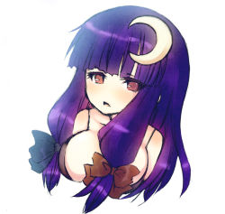 Rule 34 | 1girl, bad id, bad pixiv id, breasts, crescent, crescent hair ornament, dancho (dancyo), female focus, hair ornament, long hair, no headwear, no headwear, patchouli knowledge, purple hair, red eyes, skull.03, solo, touhou