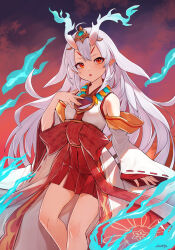 Rule 34 | 1girl, aqua fire, arpeggio kaga, bare shoulders, bow, detached sleeves, duel monster, fiery horns, fire, green fire, hair ornament, highres, horns, japanese clothes, jewelry, kimono, kurikara divincarnate, long hair, long sleeves, mirror, necklace, red eyes, sleeveless, sleeveless kimono, solo, white hair, wide sleeves, yu-gi-oh!