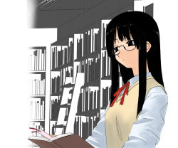 Rule 34 | 1girl, book, bookshelf, glasses, ladder, open book, original, reading, school uniform, serafuku, solo, sweater, sweater vest, tsuina, vest
