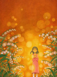 Rule 34 | 1girl, bellflower, brown eyes, brown hair, bug, efira, fireflies, firefly, flower, insect, lily of the valley, loose socks, orange background, own hands clasped, own hands together, socks, solo
