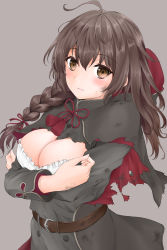 Rule 34 | 1girl, ahoge, belt, black capelet, black dress, braid, breasts, brown belt, brown eyes, brown hair, buttons, capelet, cleavage, dress, grey background, hair between eyes, hair ribbon, highres, hood, hooded capelet, kantai collection, large breasts, light smile, long hair, long sleeves, red ribbon, ribbon, shinshuu maru (kancolle), simple background, solo, torn capelet, torn clothes, twin braids, umino haruka (harukaumino6)
