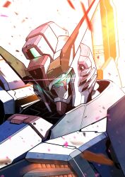 Rule 34 | debris, destiny gundam, glowing, glowing eye, green eyes, gundam, gundam seed, gundam seed destiny, highres, kuri giepi, looking at viewer, mecha, mobile suit, no humans, portrait, robot, science fiction, simple background, solo, v-fin, white background