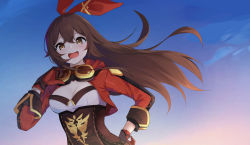 Rule 34 | 1girl, absurdres, amber (genshin impact), breasts, brown eyes, brown hair, cleavage, facing viewer, genshin impact, gloves, goggles, hand on own hip, highres, long hair, long sleeves, looking at viewer, medium breasts, open mouth, red gloves, smile, solo, ziro (zirorong)