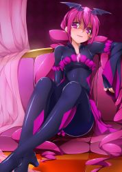 Rule 34 | 10s, 1girl, bad end happy, bad end precure, black bodysuit, bodysuit, couch, curtains, dam-miyuki, dark persona, dress, full body, highres, long hair, pink dress, pink eyes, pink hair, pink skirt, pink theme, pink upholstery, precure, sitting, skirt, smile, smile precure!, solo, tiara, twintails